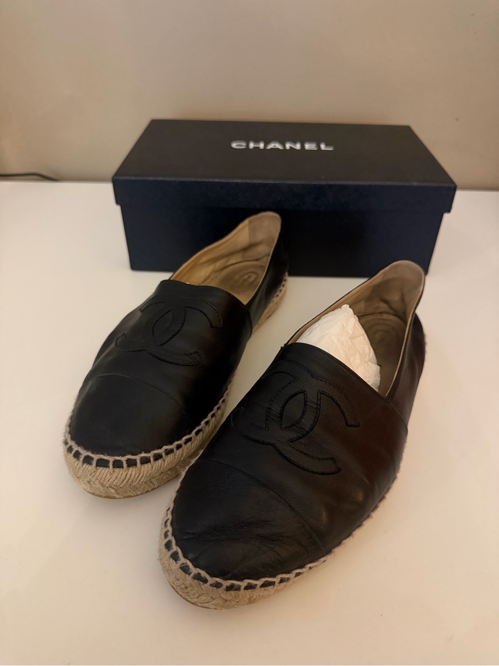 CHANEL Black Leather Espadrille Slip-Ons with Jute Trim
